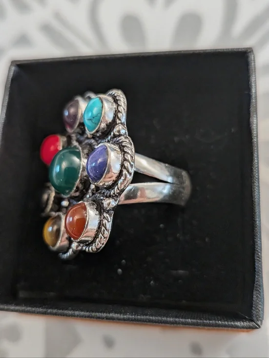 Flower Shaped Multi-Gemstone Chakra Sterling Silver Ring - Size 8 - Picture 3 of 5
